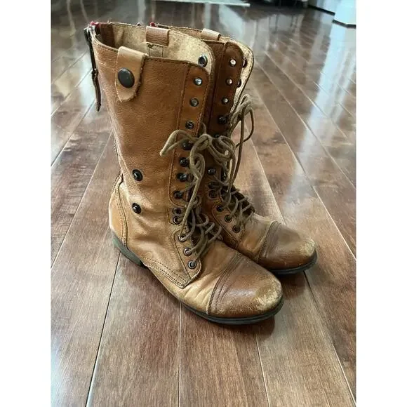 Steve Madden Camarro Ankle Boot Tan Leather Sz 7 Combat Boho Biker Victorian Y2K - Picture 9 of 13